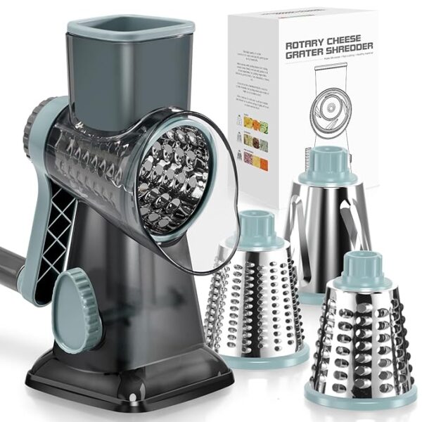 KEOUKE Rotary Cheese Grater Hand Crank Cheese Shredder Vegetable Mandoline Slicer for Kitchen 3 Changeable Blades for Cheese Potato Zucchini Nuts Chocolate - GreyBlue