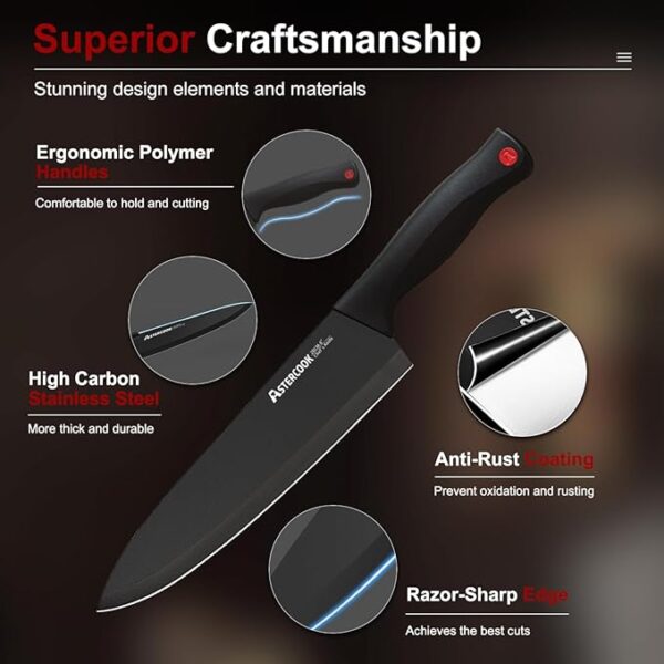 Astercook 15 Piece Knife Set with Sharpener Block - German Stainless Steel, Dishwasher Safe Kitchen Knives with Built-In Sharpener, Black - Image 4