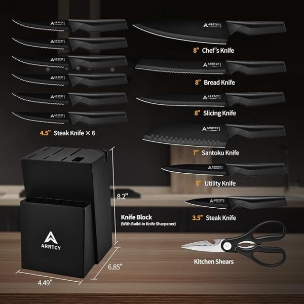 Knife Set - Kitchen Knife Set with Built-in Sharpener - knife block set dishwasher safe 15 piece - Anti-slip Handle - German Stainless Steel - Black,with Gift Box - Image 3