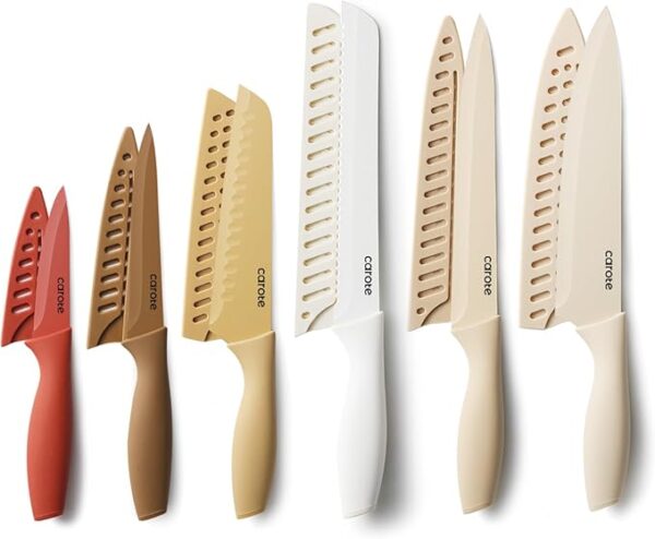 CAROTE 12 Pieces Kitchen Knife Set, Stainless Steel Knife Set With Nonstick Ceramic Coating, Dishwasher Safe with 6 Blade Guards, Rustproof, Brown - Image 2