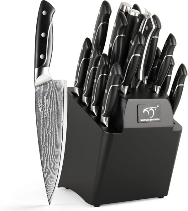 18 Pieces Damascus Kitchen Knife Set, 8 Piece Steak Knives, Non-slip ABS Ergonomic Triple Rivet Handle for Meat Fork, Knife Sharpener and Shears, 17 Slots Wooden Knife Block - Image 2