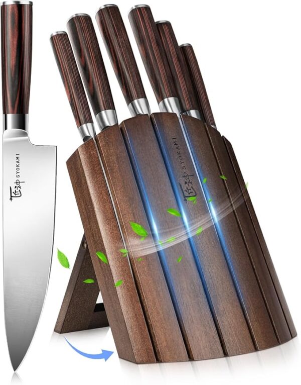 Knife Set 7 Piece Japanese Style Kitchen Knife Set With Foldable Magnetic Acacia Wood Block Sharp High Carbon Stainless Steel Knives Set for Kitchen with Anti-slip Ergonomic Handle - Image 2