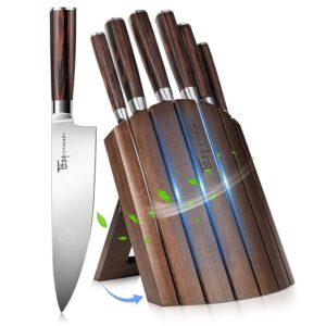 Knife Set 7 Piece Japanese Style Kitchen Knife Set With Foldable Magnetic Acacia Wood Block Sharp High Carbon Stainless Steel Knives Set for Kitchen with Anti-slip Ergonomic Handle