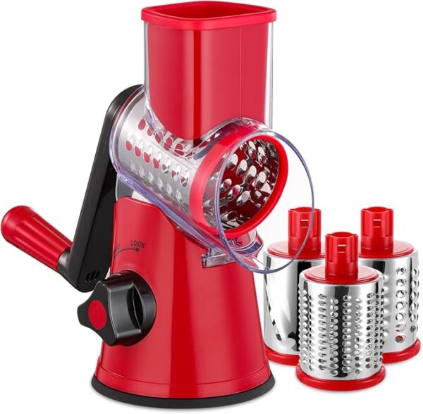 Rotary Cheese Grater with Handle - 3 in 1 Cheese Shredder Rotary Grater Stainless Steel Handheld, Vegetable Slicer for Fruit, Cheese, Nuts(Red) - Image 2