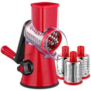 Rotary Cheese Grater with Handle - 3 in 1 Cheese Shredder Rotary Grater Stainless Steel Handheld, Vegetable Slicer for Fruit, Cheese, Nuts(Red)