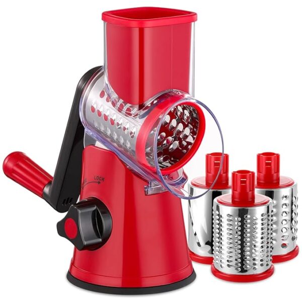 Rotary Cheese Grater with Handle - 3 in 1 Cheese Shredder Rotary Grater Stainless Steel Handheld, Vegetable Slicer for Fruit, Cheese, Nuts(Red)