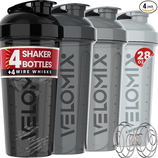 -4 PACK- 28 oz Protein Shaker Bottle for Protein Mixes - 4x Wire Whisk | Leak Proof Shaker Cups for Protein Shakes | Protein Shaker Bottle Pack | Protein Shake Cup(Silver Mix)