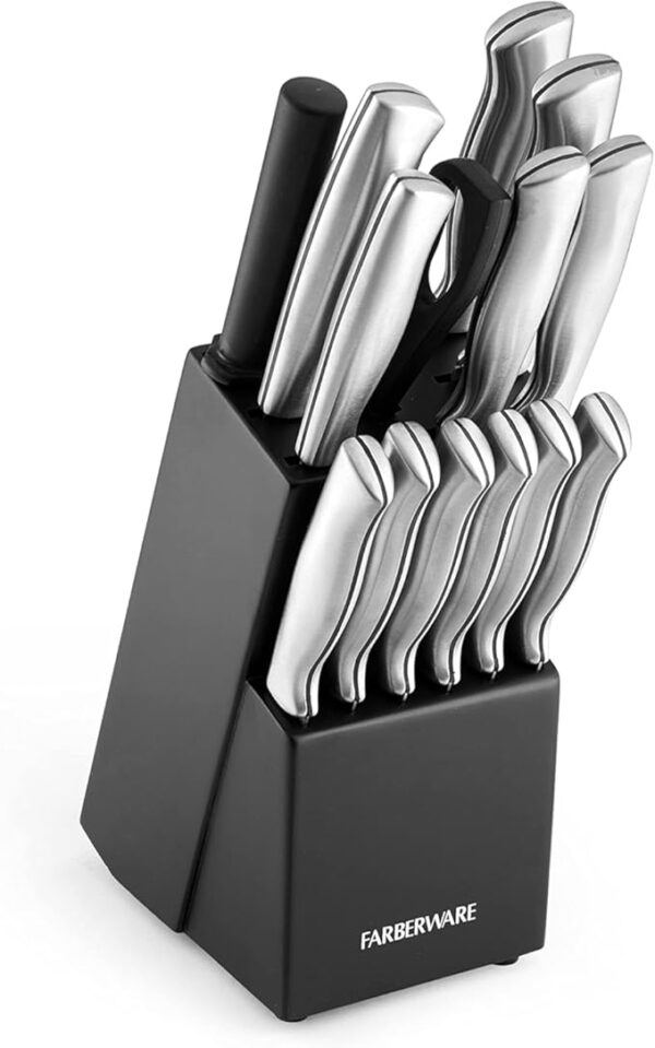Farberware 15-Piece High-Carbon Stamped Stainless Steel Kitchen Knife Set with Wood Block, Steak Knives, Razor-Sharp, Black, Ultra-Sharp Blades, Ergonomic Comfort Grip - Image 2