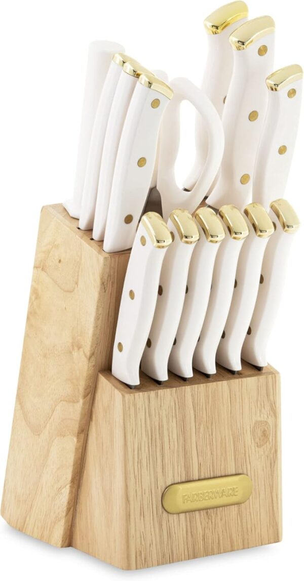 Farberware 15-Piece Triple Riveted Knife Block Set, High Carbon-Stainless Steel Kitchen Knives, Razor-Sharp Knife Set with Wood Block, White and Gold - Image 2