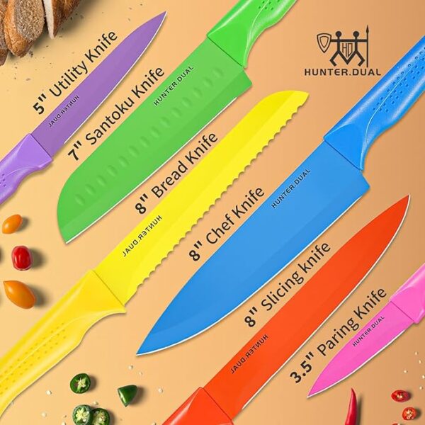 Knife Set, 12-PC Colorful Kitchen Knife Set, 6 Sharp Kitchen Knives with Built-in Sharpener Covers for Cooking, Cutting&Chopping (Multicolor) - Image 4