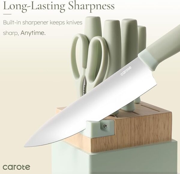 CAROTE Kitchen Knife Set with Block and Sharpener, Dishwasher Safe Knife Block Set 9Pcs, Forged Cutlery with Razor-Sharp Stainless Steel Blades, Green - Image 4