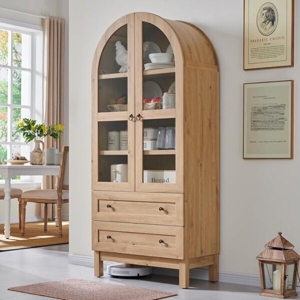 71" Tall Arched Kitchen Pantry, Modern Farmhouse Wood Kitchens Storage Cabinets with 2 Large Drawers and Adjustable Shelves, Versatile Cupboard for Kitchen, Dining Room, Bathroom, Natrual - Image 4