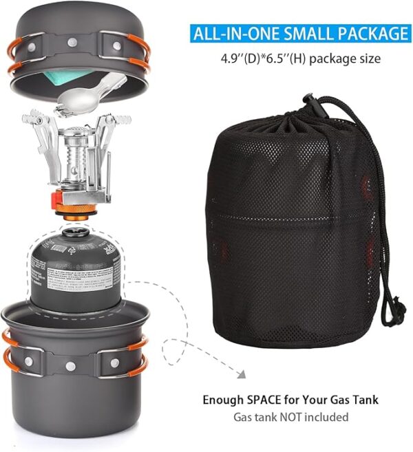 Odoland 6pcs Camping Cookware Mess Kit with Lightweight Pot, Stove, Spork and Carry Mesh Bag, Great for Backpacking Outdoor Camping Hiking and Picnic - Image 3