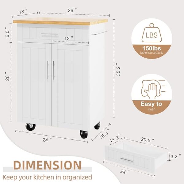Shintenchi Kitchen Island Cart with Storage,Rolling Side Table on Wheels with Large Worktop, Cabinet,Towel Rack and Drawers for Kitchen,Dinning Room, White - Image 6