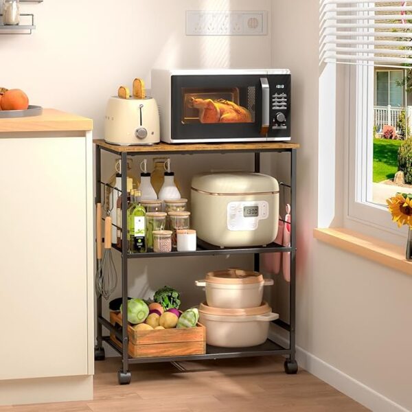 Rolling Kitchen Microwave Cart, 3 Tier Microwave Table Stand with Storage, Kitchen Utility Cart on Lockable Wheels, Small Coffee Cart Shelf Rack Organizer for Living Room Office, Balcony - Image 2