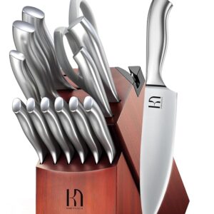 Kitchen Knife Block Set, Enduring Sharpness Premium Knife Set with Block, 14 Pcs Japanese High Carbon Stainless Steel Knives Set for Kitchen, Chef Knife Set with Block and Built in Sharpener