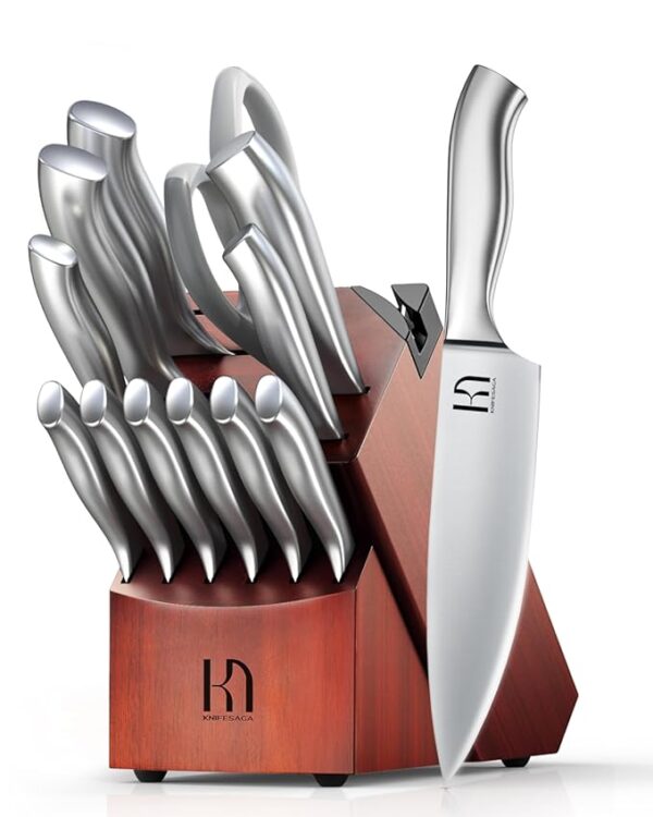 Kitchen Knife Block Set, Enduring Sharpness Premium Knife Set with Block, 14 Pcs Japanese High Carbon Stainless Steel Knives Set for Kitchen, Chef Knife Set with Block and Built in Sharpener