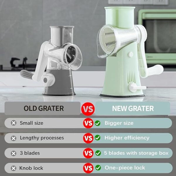 VEKAYA Rotary Cheese Grater, 5 in 1 Cheese Grater with Handle, Replaceable Stainless Blades Cheese Shredder, Cheese Vegetable Slicer, Easy to Clean Kitchen Gadgets with Storage Box - Image 4
