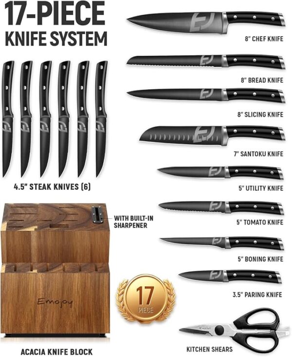 Knife Set, Emojoy 17-Piece Kitchen Knife Set with Heavy-Duty Acacia Block, Premium Titanium Stainless Steel Knife Block Set with Built-in Sharpener, Rust Proof - Image 3