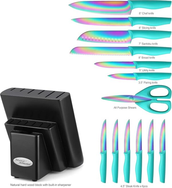 Marco Almond Knife Block Set, Knife Set Rainbow Color, 14 Piece Stainless Steel Kitchen Knife Sets with Block, KYA27 Chef Cooking Steak Knives Set for Kitchen - Image 3