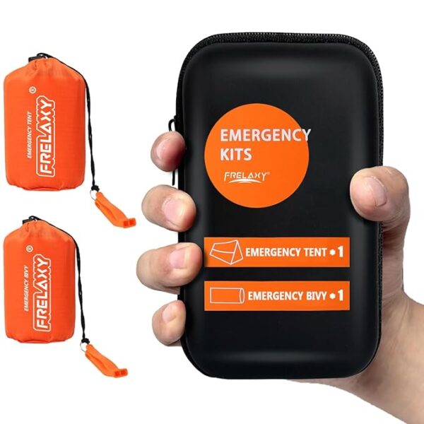 Frelaxy Extra-Thick Survival Tent and Emergency Sleeping Bag, Emergency Shelter Survival Bivy Set with Whistles, Paracord, Storage Pouches, and EVA Case, Perfect for Survival Kits