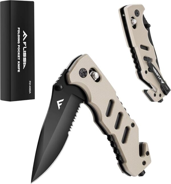 FLISSA Folding Pocket Knife with Clip, Glass Breaker and Seatbelt Cutter, Survival Knife for Emergency Rescue Situations, EDC Knife for Tactical, Hunting, Camping, Outdoor, Unique Gifts for Dad, Father - Image 2