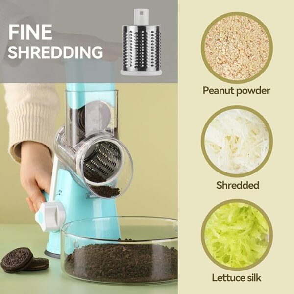 Cheese Grater Hand Crank - 3-in-1 Stainless Steel Rotary Grater & Shredder for Cheese, Vegetables, Nuts, Chocolate - Easy Crank Manual Food Grinder with Drum Slicer (Blue) - Image 5