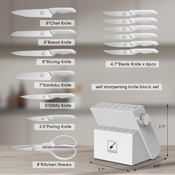 imarku Knife Set With Block, White Knife Set, Knife Block Set, 14pcs Stainless Steel Kitchen Knife Set, Kitchen Essentials for New Home, Apartment Essentials, Built-in Sharpener, Dishwasher Safe - Image 6
