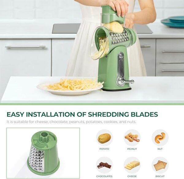 SUSTEAS Rotary Cheese Grater with Handle - Vegetable Shredder with 5 Well-designed Blades & Strong Suction Base,Round Mandoline Slicer & Food Chopper for Kitchen,with Blade Storage Box(Retro Green) - Image 5