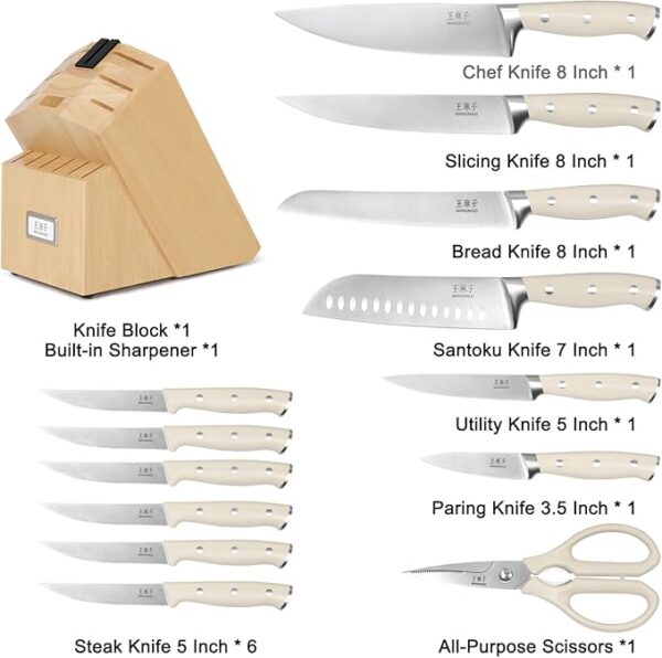 Premium Knife Set,High Carbon Stainless Steel Forged,Sharp Knives Set for Kitchen,Triple-rivet Ergonomic Handle,Hundreds Years of Masterful Craftmanship(Ivory,15PCS) - Image 3