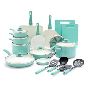 GreenLife Soft Grip 23 Piece Kitchen Cookware Pots and Frying Saucepans Set, Healthy Ceramic Nonstick PFAS and PFOA-Free, Dishwasher and Oven Safe, Even Heating, Easy Clean, Warp Control, Turquoise