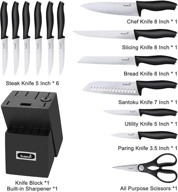 Kuisine Kitchen Chef Knife Block Set,High Carbon Stainless Steel Sharp Knife Set with Built-in Sharpener,Elegant Gift(Black,15pcs) - Image 3