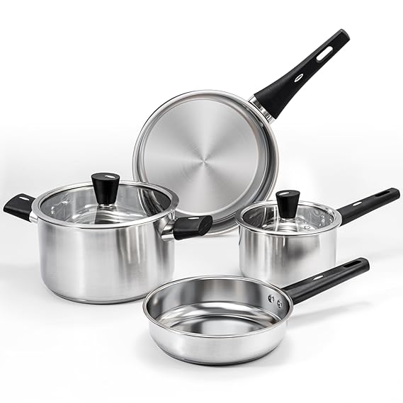 6-Piece Stainless Steel Pots and Pans Set, Kitchen Cookware Set with Stay-Cool Handles Compatible with Gas, Electric & Induction, Dishwasher Safe, Non-Toxic & Durable for Everyday Cooking