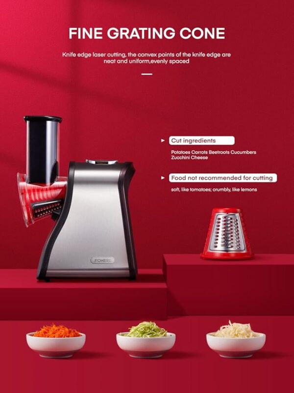 FOHERE Electric Cheese Grater Salad Maker, Electric Slicer Shredder for Home Kitchen Use, One-Touch Easy Control, Electric Grater for Vegetables, Cheeses and Nuts, BPA-Free, Red - Image 4