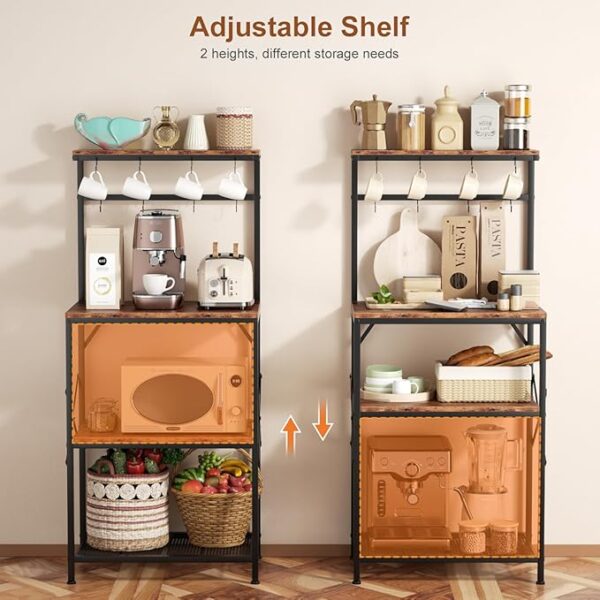 Kitchen Bakers Rack with Storage Shelves, Small Coffee Bar Cart with 8 Hooks, 4 Tiers Microwave Stand Station with Adjustable Shelves, Freestanding Kitchen Appliance Organizer, Rustic Brown - Image 4