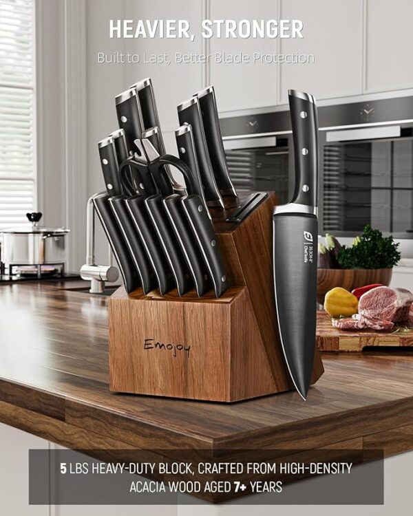 Knife Set, Emojoy 17-Piece Kitchen Knife Set with Heavy-Duty Acacia Block, Premium Titanium Stainless Steel Knife Block Set with Built-in Sharpener, Rust Proof - Image 4