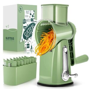 SUSTEAS Rotary Cheese Grater with Handle - Vegetable Shredder with 5 Well-designed Blades & Strong Suction Base,Round Mandoline Slicer & Food Chopper for Kitchen,with Blade Storage Box(Retro Green)