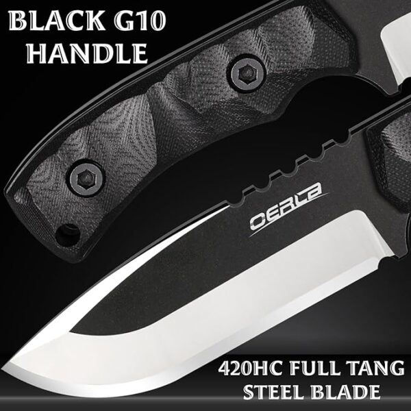 OERLA TAC DE-0014 Fixed Blade Outdoor Duty Knife 420HC Stonewashed Stainless Steel Field Knife Straight Camping Knife with G10 Handle Waist Clip EDC Kydex Sheath (Black) - Image 4