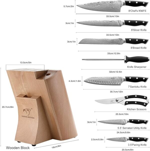 NANFANG BROTHERS Knife Sets, 9 Pieces Damascus Kitchen Knife Set with Block, ABS Ergonomic Handle for Chef Knife Set, Knife Sharpener and Kitchen Shears, Knife Block Set - Image 3