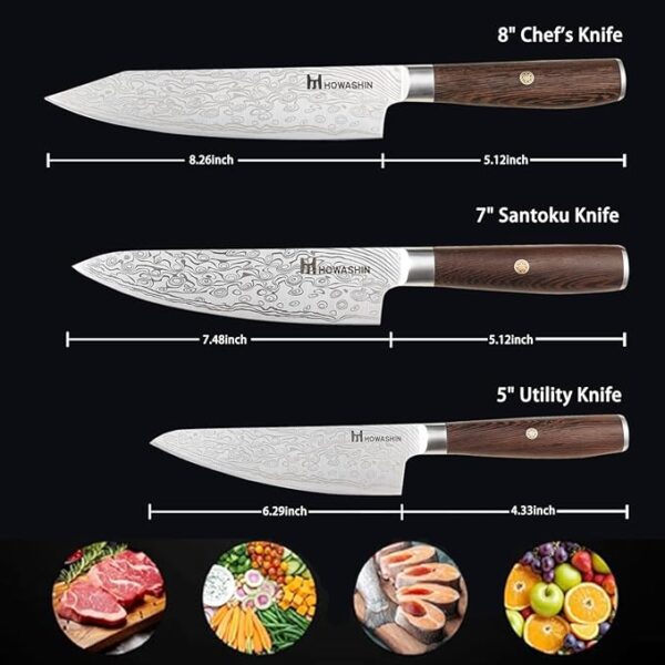 3PCS Professional Chef Knife Set, Ultra Sharp Japanese Kitchen Knife, High Carbon Stainless Steel 8 inch chef's knives 7 inch Santoku Knife 5 inch Utility Knife Damascus Pattern With Gift Box - Image 3