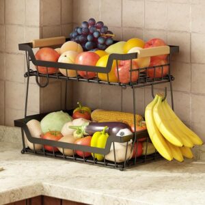 GILLAS 2 Tier Countertop Fruit Basket with 2 Banana Hangers for Kitchen, Detachable Metal Organizer for Bread Vegetable Fruits with Wooden Handle, Large Capacity Rectangular Storage Stand Bowls, Black