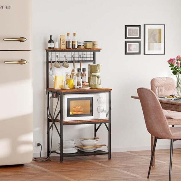 Furologee Kitchen Bakers Rack with Power Outlet, Microwave Oven Stand with Storage 4 Tiers, Coffee Bar Table with 6 S Hooks, Kitchen Storage Shelf Rack for Spices, Pots, Rustic Brown - Image 3