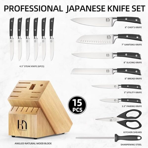 Knife Set with Block Premium, Japanese 15 Piece Ultra Sharp High Carbon Stainless Steel Kitchen Knives set with Sharpener, Professional Knife Block Set with Ergonomic Handle for Home Chefs - Image 5