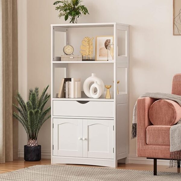 Sideboard Storage Cabinet with 2 Open Shelves, 1 Drawer and 1 Cupboard Kitchen Pantry Storage Cabinet with Microwave Space Freestanding Floor Bathroom Cabinet, Bookshelf,Display Unit for Home, White - Image 3