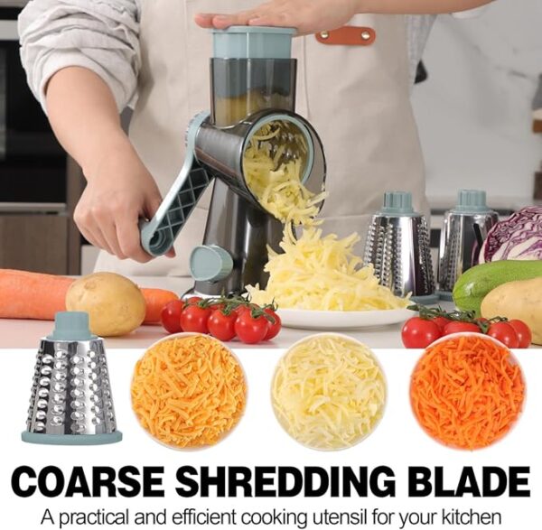 Cheese Grater Cheese Shredder with 3 Interchangeable Blades, Rotary Cheese Grater Manual Vegetable Slicer with Non-slip Suction Base Peanut Nuts Grinder Vegetable Shredder Clear - Image 4