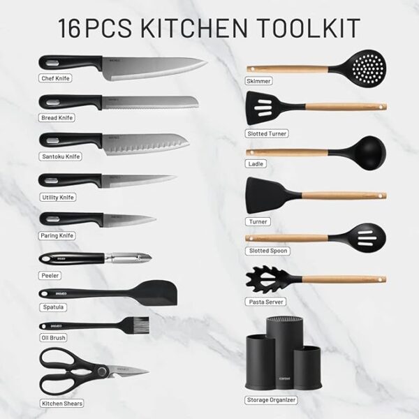 CAROTE 16 Pieces Kitchen Utensils Set, Silicone Cooking Utensils Set with Wooden Handle, Stainless Steel Knife Set with Block, Kitchen Utensil Gadgets Cutlery with Anti-slip Handle, Black - Image 3