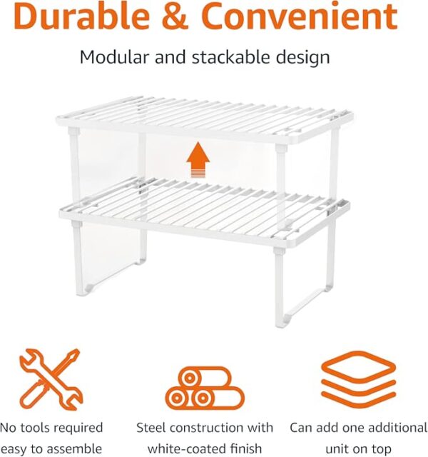 Amazon Basics Stackable Metal Kitchen Storage Shelves for Dishes, 12.5" L x 8" D x 4.5" H, Set of 2, White - Image 4