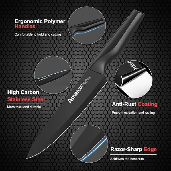 Knife Set, Astercook 21 Pieces Knife Sets for Kitchen with Block, Dishwasher Safe Kitchen Knife Set with Built-in Sharpener, German Stainless Steel Black Knife Block Set - Image 4