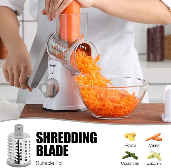 Geedel Rotary Cheese Grater, Kitchen Mandoline Vegetable Slicer with 3 Interchangeable Blades, Easy to Clean Rotary Grater Slicer for Fruit, Vegetables, Nuts - Image 5