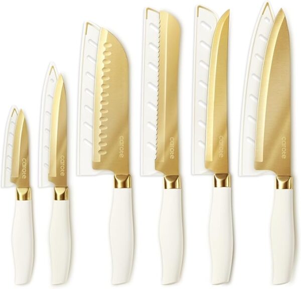 CAROTE 12PCS Kitchen Knife Set, Healthy Gold Titanium Coating Knife Set, Dishwasher Safe with 6 Blade Guards, Rustproof Stainless Steel Cutlery Set, White and Gold - Image 2